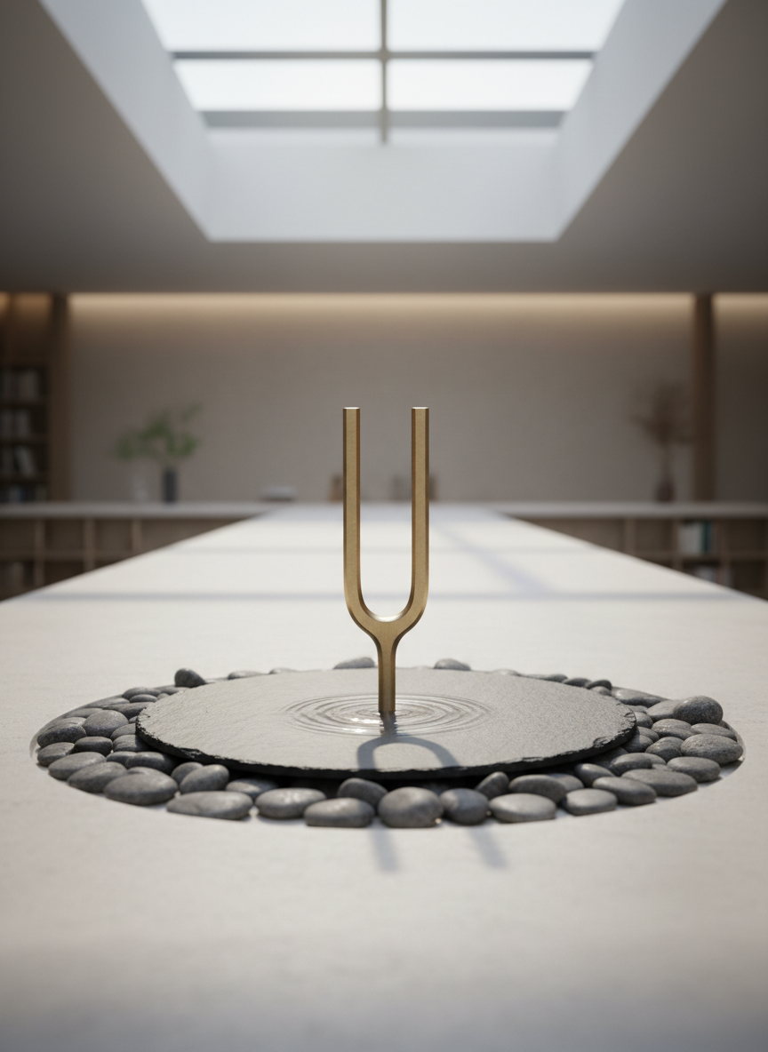 A single, finely-crafted brass tuning fork with a brushed, muted gold finish, its prongs emitting gentle vibrations captured as barely visible ripples across a circular slate water basin with charcoal undertones. Minimalist gray pebbles border the basin, enhancing the sense of refined order. Placed on a seamless stone surface beneath skylight-filtered daylight, the tuning fork casts a subtle, elongated shadow that blends with the soft gradient of the environment. The scene exudes a serene, intellectual mood, emphasizing focused resonance and subtle friction. Shot from an eye-level, centered composition with shallow depth of field, the tuning fork and water are in crisp focus against a softly blurred background. Photographic realism and restrained elegance reinforce the site’s commitment to the sophistication of constraint in philosophical dialogue.